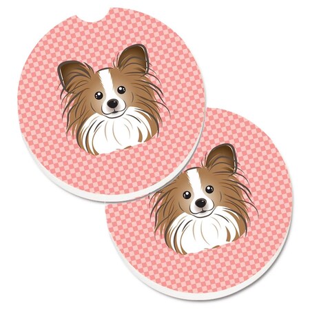 Carolines Treasures Checkerboard Pink Papillon  Cup Holder Car Coaster, PK2 BB1248CARC